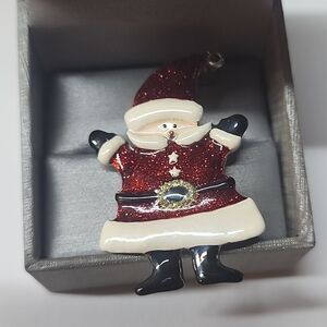 TC Tonya Creations Santa Claus Enamel Brooch Christmas Holiday Glitter Red 2"